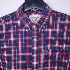 Abercrombie Fitch Shirt Mens XXL Plaid Navy, Red Muscle
